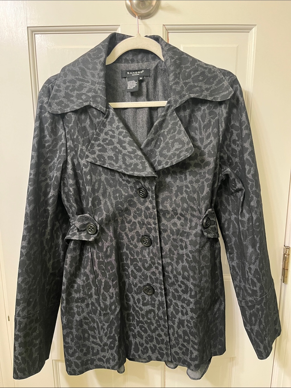 Sandro Grey Leopard-Print Stretchy Trench Coat